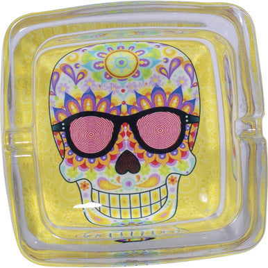 6ct. 4.5in Square Glass Ashtray - Sugar Skulls by Fujima - Wholesale