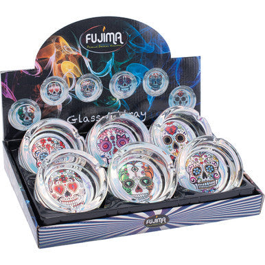 6ct. Round Shine Glass Ashtray - Sugar Skulls by Fujima - Wholesale