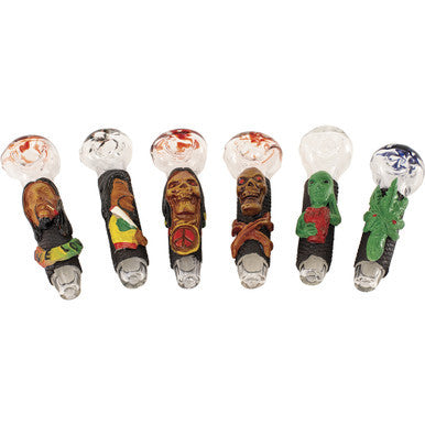6ct. 5in California Blown Glass Pipes with Clay Designs by Connection Store - Old HBH Wholesale - Wholesale