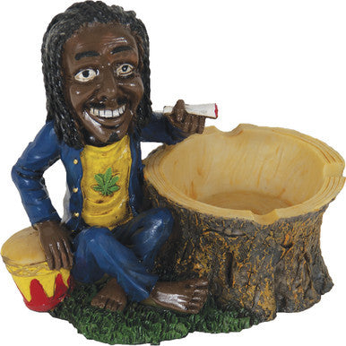 Jamaican Poly Resin Ashtray with reggae figurine sitting on a tree stump by Fujima - Wholesale