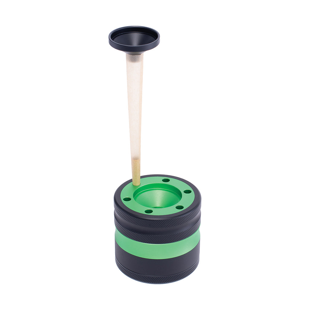 Green Aluminium Grinder w/ Cone Holder & Funnel by Green Flower - Wholesale